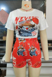 Red Casual Print Patchwork O Neck Short Sleeve Two Pieces