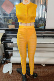 Yellow Sexy Solid Patchwork Buckle See-through Fold O Neck Sleeveless Two Pieces