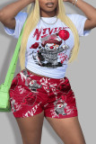 Red Casual Print Patchwork O Neck Short Sleeve Two Pieces
