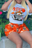 Red Casual Print Patchwork O Neck Short Sleeve Two Pieces