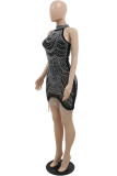 Blue Fashion Sexy Patchwork Hot Drilling Tassel Half A Turtleneck Sleeveless Dress