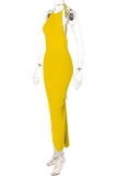 Yellow Fashion Solid Backless Halter Pencil Skirt Dresses