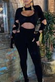 Black Sexy Solid Hollowed Out Patchwork O Neck Skinny Jumpsuits