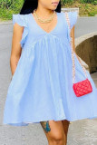 Light Blue Fashion Casual Striped Print Patchwork V Neck A Line Dresses