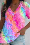 Colour Fashion Casual Print Patchwork V Neck T-Shirts