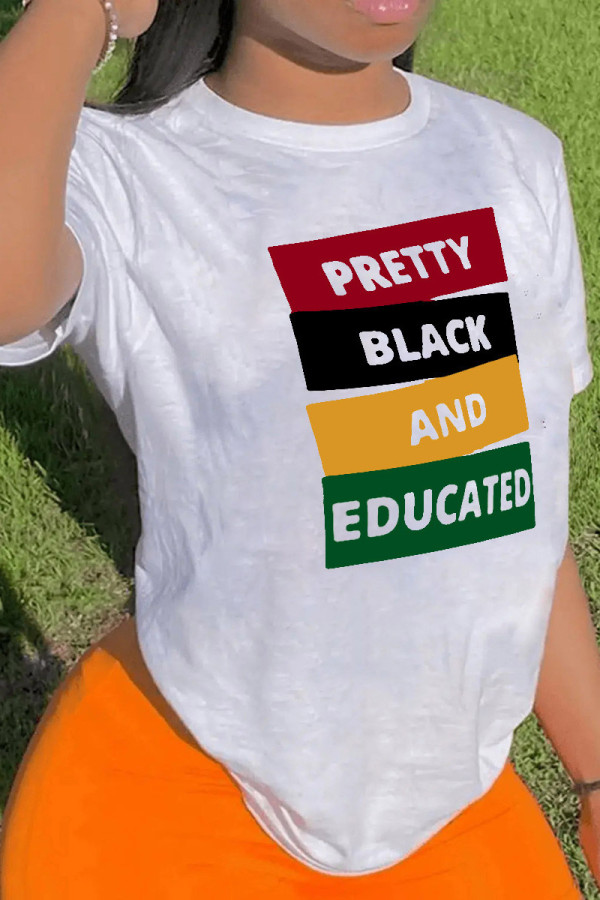 White Fashion Casual Letter Print Patchwork Basic O Neck T-Shirts
