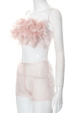 Pink Sexy Solid Patchwork See-through Feathers Strapless Sleeveless Two Pieces