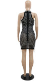 Blue Fashion Sexy Patchwork Hot Drilling Tassel Half A Turtleneck Sleeveless Dress