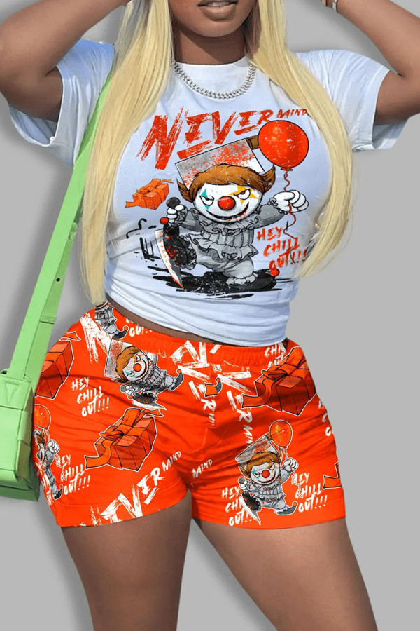 Tangerine Red Casual Print Patchwork O Neck Short Sleeve Two Pieces