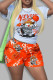 Tangerine Red Casual Print Patchwork O Neck Short Sleeve Two Pieces