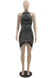 Blue Fashion Sexy Patchwork Hot Drilling Tassel Half A Turtleneck Sleeveless Dress