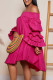 Rose Red Casual Sweet Solid Patchwork Flounce Fold Off the Shoulder Princess Dresses