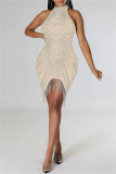 Blue Fashion Sexy Patchwork Hot Drilling Tassel Half A Turtleneck Sleeveless Dress