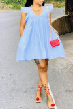 Light Blue Fashion Casual Striped Print Patchwork V Neck A Line Dresses
