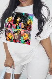 White Fashion Casual Print Patchwork Basic O Neck T-Shirts