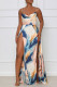 Blue Sexy Print Patchwork Backless Spaghetti Strap Sling Dress Dresses