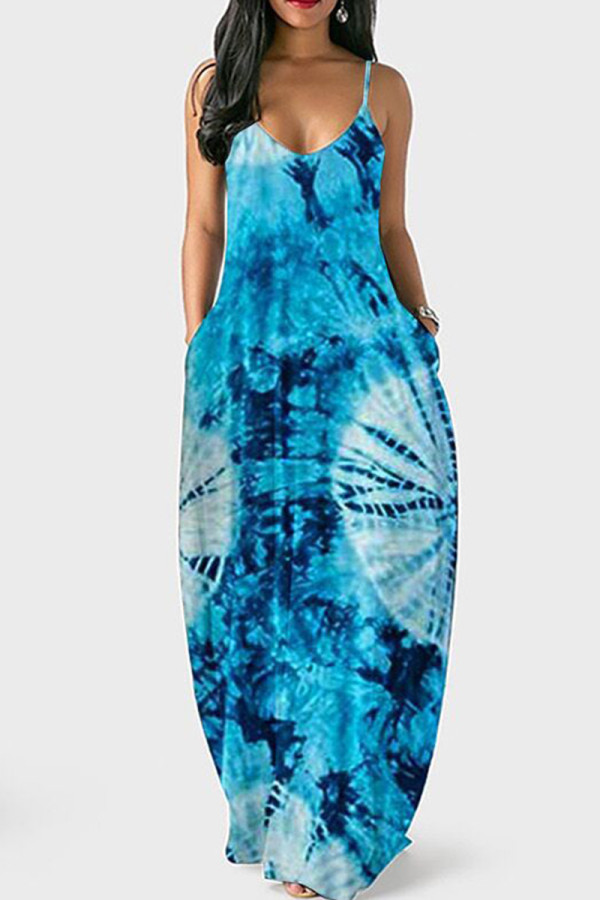 Light Blue Fashion Sexy Print Backless V Neck Sling Dress