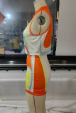 Orange Casual Print Patchwork Buckle V Neck Sleeveless Two Pieces