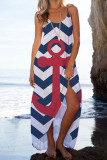 Red Blue Casual Print Patchwork Spaghetti Strap Sling Dress Dresses