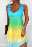 Colour Sexy Casual Gradual Change Print Patchwork V Neck Vest Dress