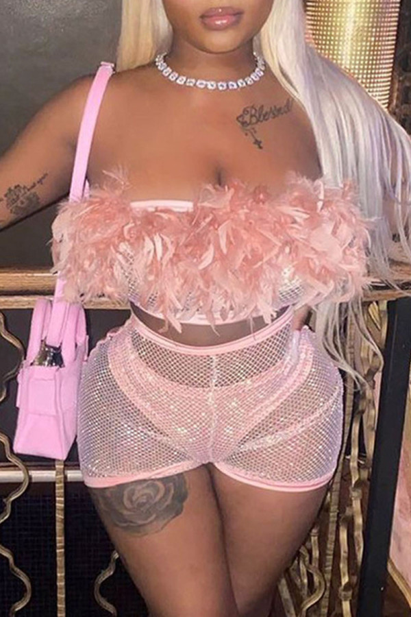 Pink Sexy Solid Patchwork See-through Feathers Strapless Sleeveless Two Pieces