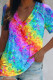 Colour Fashion Casual Print Patchwork V Neck T-Shirts