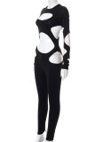 Black Sexy Solid Hollowed Out Patchwork O Neck Skinny Jumpsuits