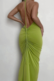 Yellow Fashion Solid Backless Halter Pencil Skirt Dresses