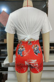 Red Casual Print Patchwork O Neck Short Sleeve Two Pieces