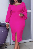 Rose Red Casual Elegant Solid Patchwork Slit Square Collar One Step Skirt Dresses