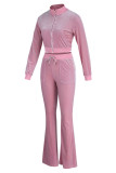 Pink Casual Solid Patchwork Zipper Collar Long Sleeve Two Pieces