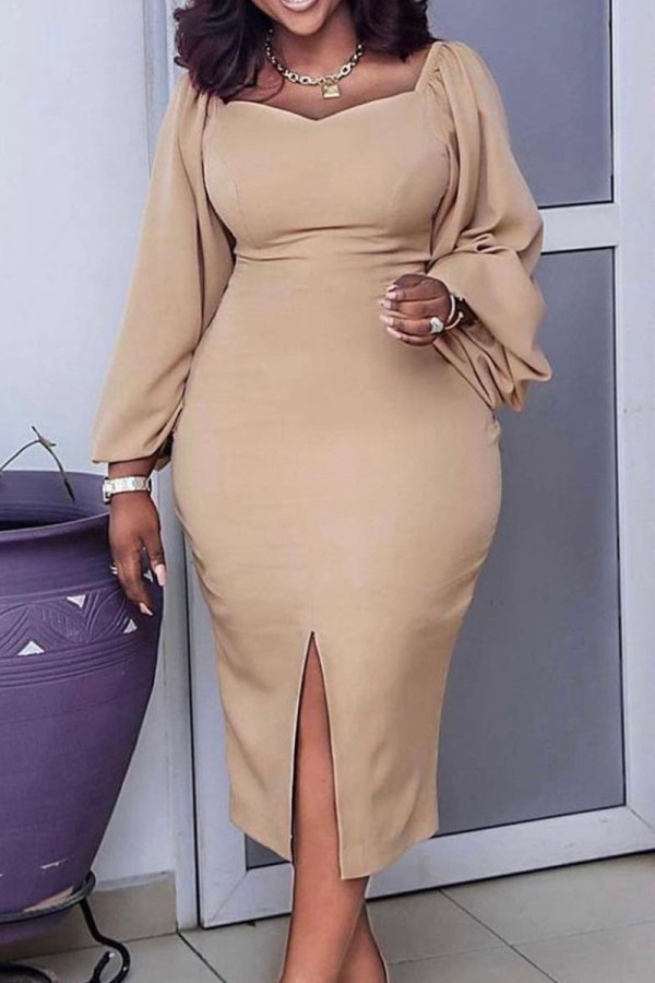 Khaki Casual Elegant Solid Patchwork Slit Square Collar One Step Skirt Dresses