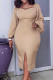 Khaki Casual Elegant Solid Patchwork Slit Square Collar One Step Skirt Dresses