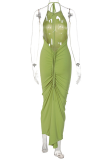 Yellow Fashion Solid Backless Halter Pencil Skirt Dresses