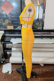 Yellow Sexy Solid Patchwork Buckle See-through Fold O Neck Sleeveless Two Pieces