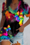 Colour Fashion Casual Print Patchwork V Neck T-Shirts