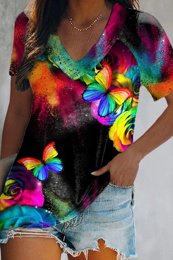 Black Fashion Casual Print Patchwork V Neck T-Shirts