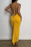 Yellow Fashion Solid Backless Halter Pencil Skirt Dresses