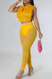 Yellow Sexy Solid Patchwork Buckle See-through Fold O Neck Sleeveless Two Pieces