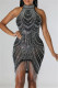 Black Fashion Sexy Patchwork Hot Drilling Tassel Half A Turtleneck Sleeveless Dress