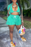 Green Fashion Sexy Casual Solid Patchwork Short Sleeve Three-piece Set