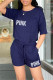 Navy Blue Fashion Casual Letter Print Patchwork O Neck Short Sleeve Two Pieces