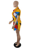 Orange Fashion Casual Not Positioning Printed Patchwork Turndown Collar Shirt Short Sleeve Dress