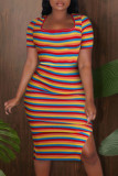 Multicolor Fashion Casual Striped Print Slit Square Collar Short Sleeve Dress