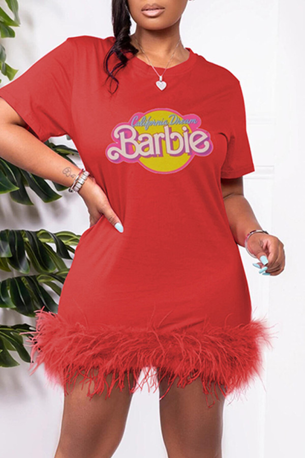 Red Fashion Casual Letter Print Patchwork Feathers O Neck Short Sleeve Dress