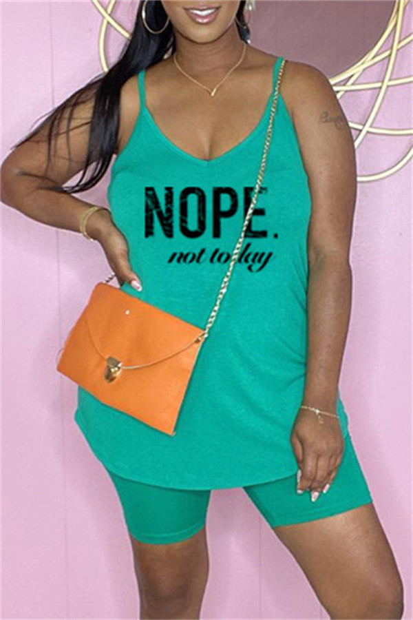 Green Fashion Casual Letter Print Basic Spaghetti Strap Sleeveless Two Pieces