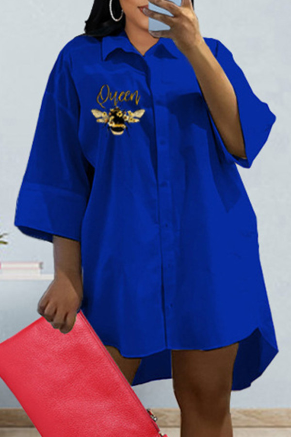 Blue Fashion Casual Print Patchwork Turndown Collar Shirt Dress