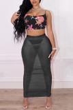 Pink Sexy Print Patchwork Spaghetti Strap Sleeveless Two Pieces