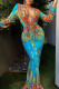 Sky Blue Sexy Print Patchwork V Neck Long Dress Dresses