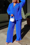 Blue Casual Solid Patchwork Buckle Turndown Collar Long Sleeve Two Pieces
